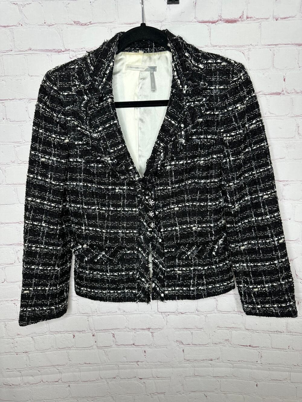Classiques Entier Black White Tweed Blazer Women's XS Lined Jewel Buttons